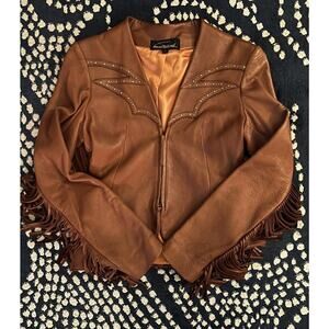 VTG Sharon Roth Western Design Brown Fringe Collarless Leather Jacket 6 SOFT